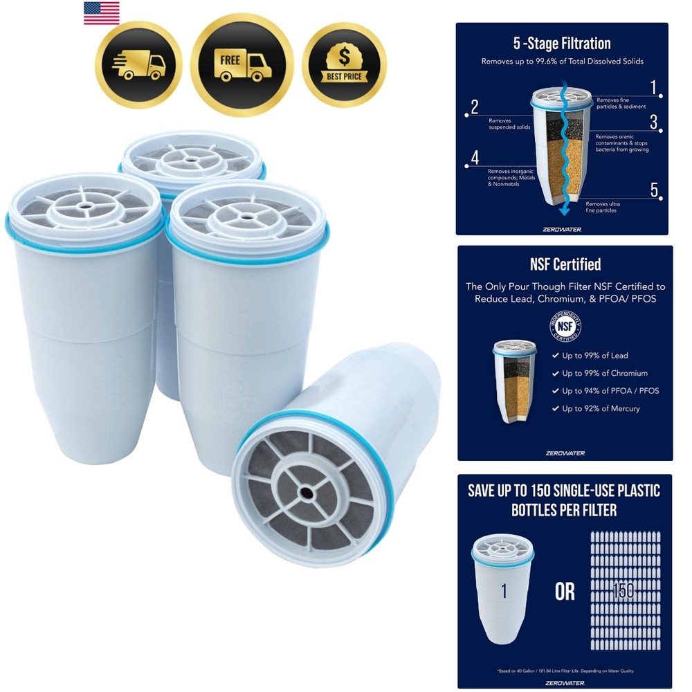 Water Filter Cartridges Replacement 4 Pack for Pitchers Dispensers