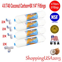 4X T40 Coconut Inline Carbon Filter 10X2″ Omnipure RO +8 Male Elbow Tee Fitting*