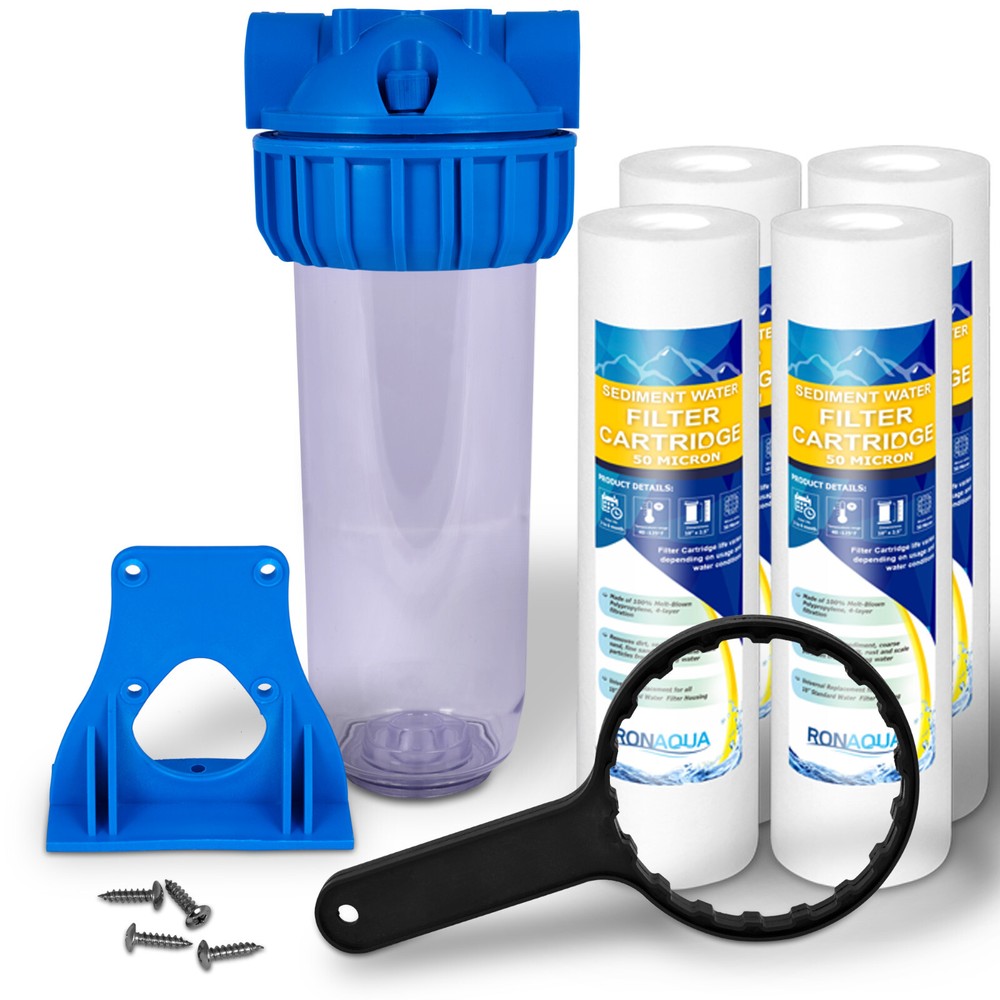 10″ Clear Standard Whole House Water Filter System 4 Sediment 50 Micron Filters