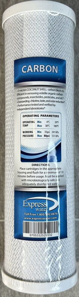 Express Water Carbon Filter Activated Coconut Shell 5 Micron Filter NEW