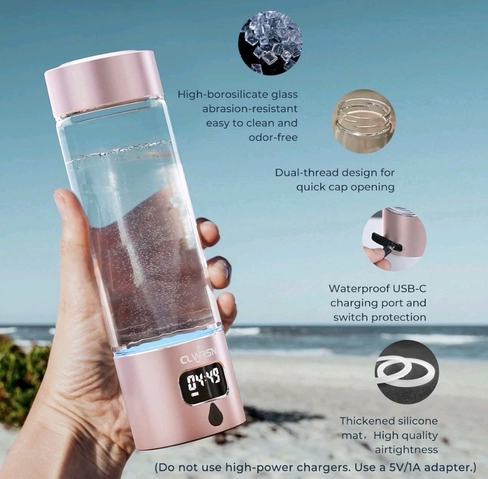 Hydrogen Water Bottle, Portable Glass Hydrogen Water Generator Machine PINK 🩷