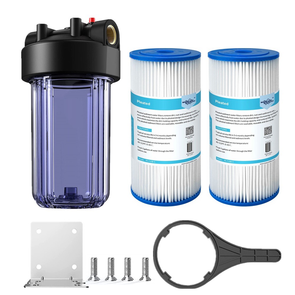 Clear Whole House Water Filter Housing System &2p 10″ x 4.5″ PP Pleated Sediment