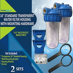 Two Transparent 10″ Water Filter Housings 3/4″ Brass Ports w/ Wrench & Wall Brac