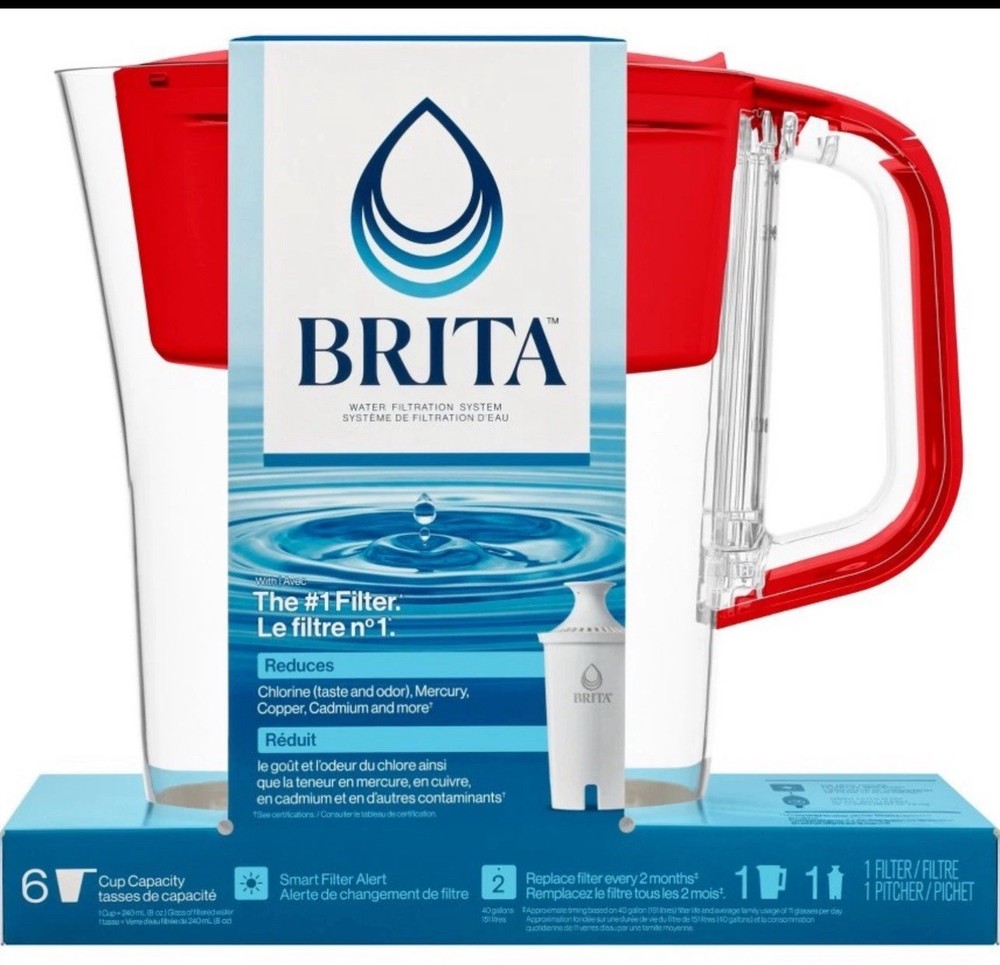 Brita Small 6 Cup Red Water Filter Pitcher with Filter & Smart Filter Indicator