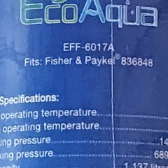EcoAqua EFF-6017A Water Filter 3 Pack Fits Fisher Paykel 836848 NOS