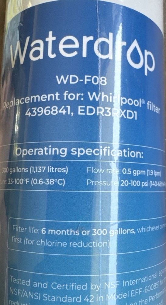 New Waterdrop WD-F08 Refrigerator Water Filter Replacement For Whirlpool