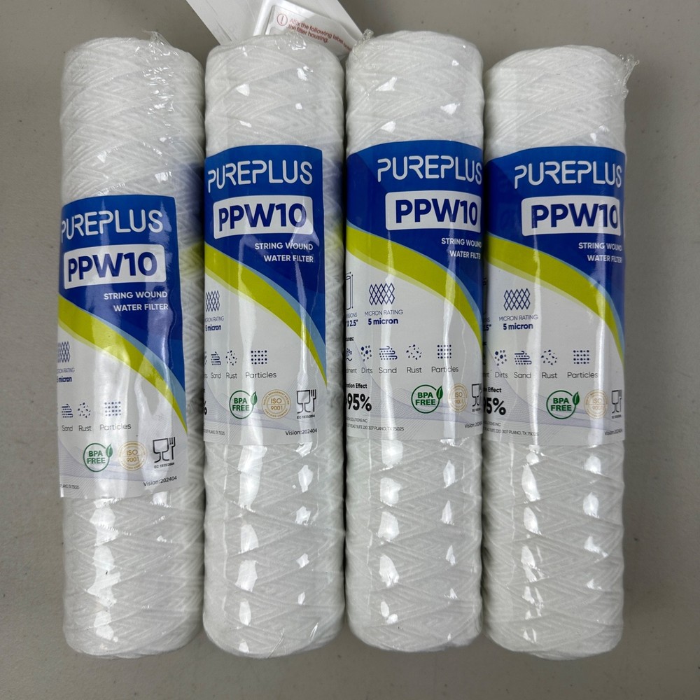 4 PACK PUREPLUS 5 Micron 10″x2.5″ Whole House String Wound Sediment Filter PPW10
