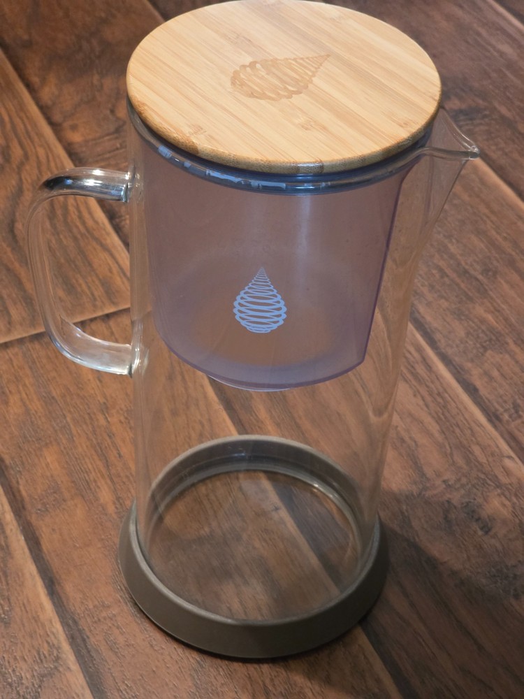 Glass Invigorated Water Recharge Pitcher Bamboo Lid Silicone Base Modern Used