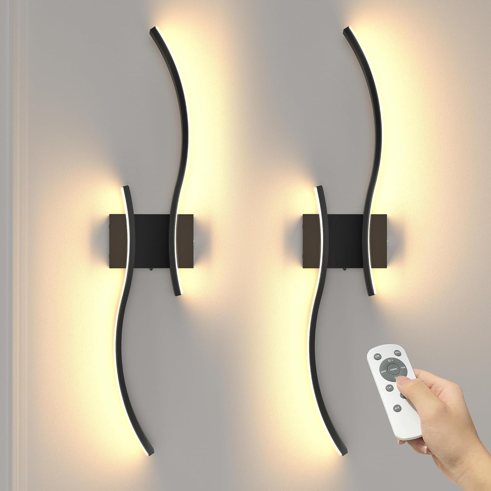 27.6 Inch Battery Operated Wall Sconce Set of 2, Black Modern Rechargeable Wall