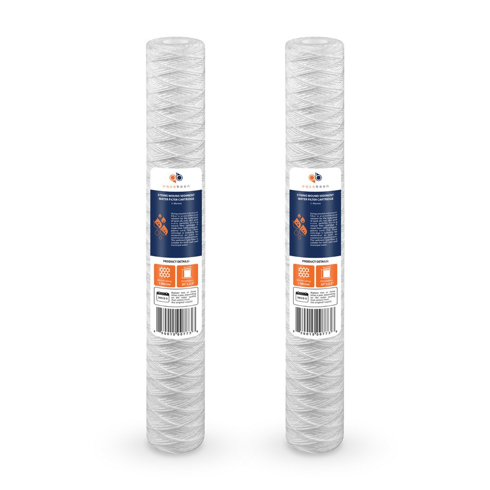 2 Pack of 1µm Wound String Sediment Water Filter Cartridges 20″x2.5″ By Aquaboon