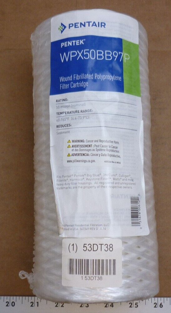 PENTAIR/PENTEK Filter Cartridge:String Wound, 30 gpm, 50 micron, 9 7/8 in 53DT38