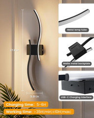27.6 Inch Battery Operated Wall Sconce Set of 2, Black Modern Rechargeable Wall
