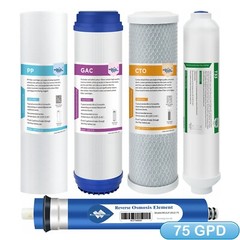 5 Stage Reverse Osmosis Water Filter Full Replacement Set with 75GPD RO Membrane
