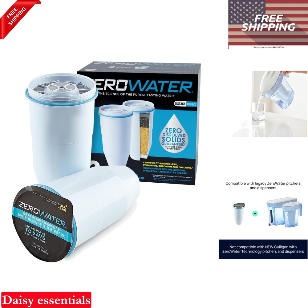 ZeroWater 5-Stage Replacement Water Filters 2 Pack IAPMO Certified Reduce Lea…