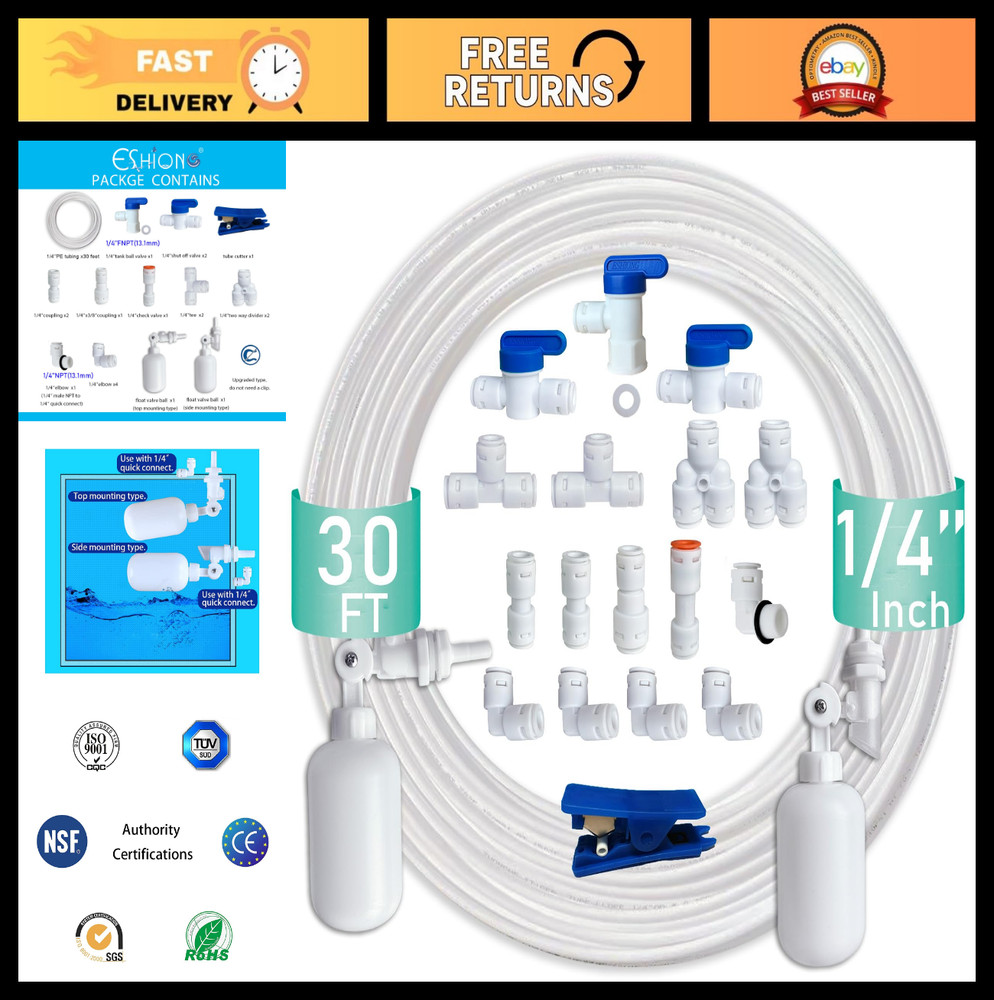 NSF Certified 1/4″ Push-to-Connect Fittings & 30ft Water Tubing for RO Systems