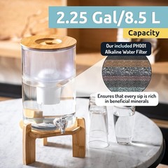 Alkaline Water Dispenser Glass Bamboo Filtration System for Home Office 8.5L