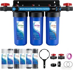 3-Stage Whole House Water Filtration System Kit + 2 Extra Filters , 3/4″ Ports