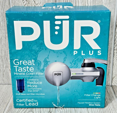 PUR PLUS Water Faucet Mount Filtration System PFM300V Silver Matte Filter Light