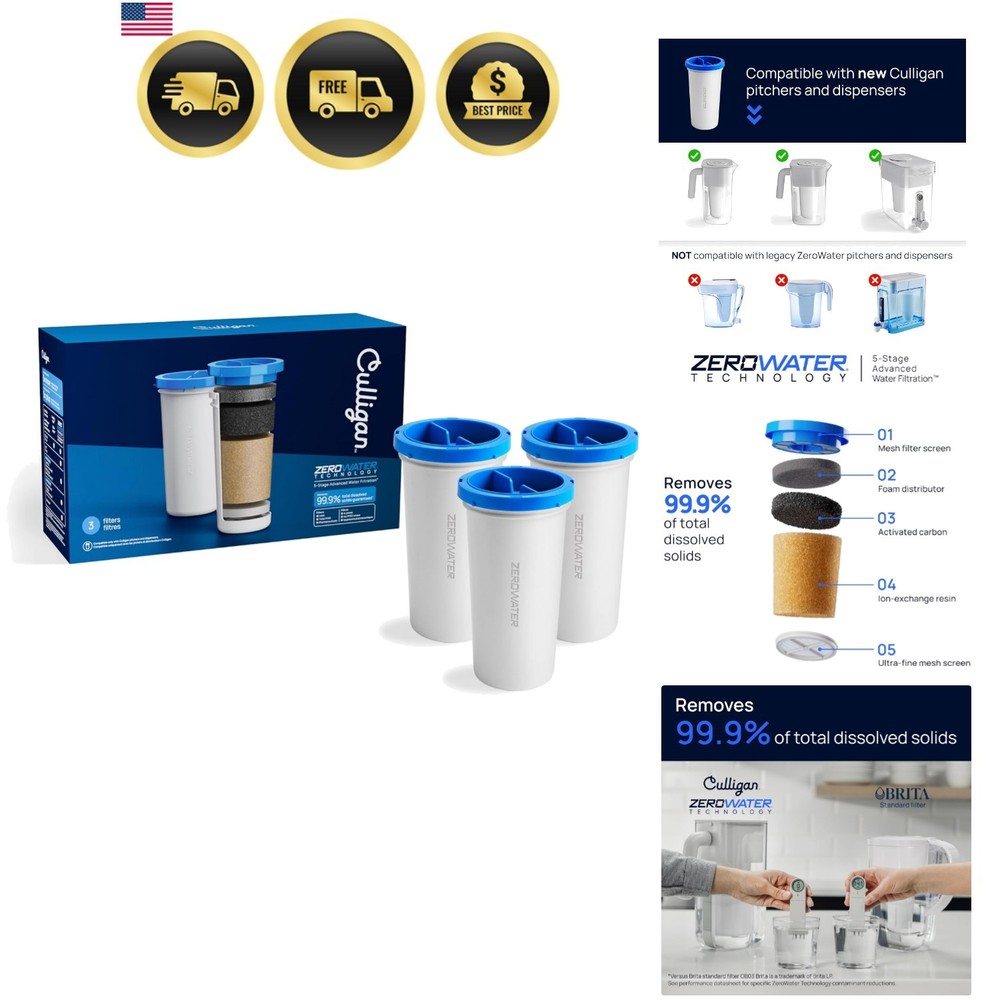 with ZeroWater Technology Replacement Filter 3-Pack, 5-Stage Advanced Water F…